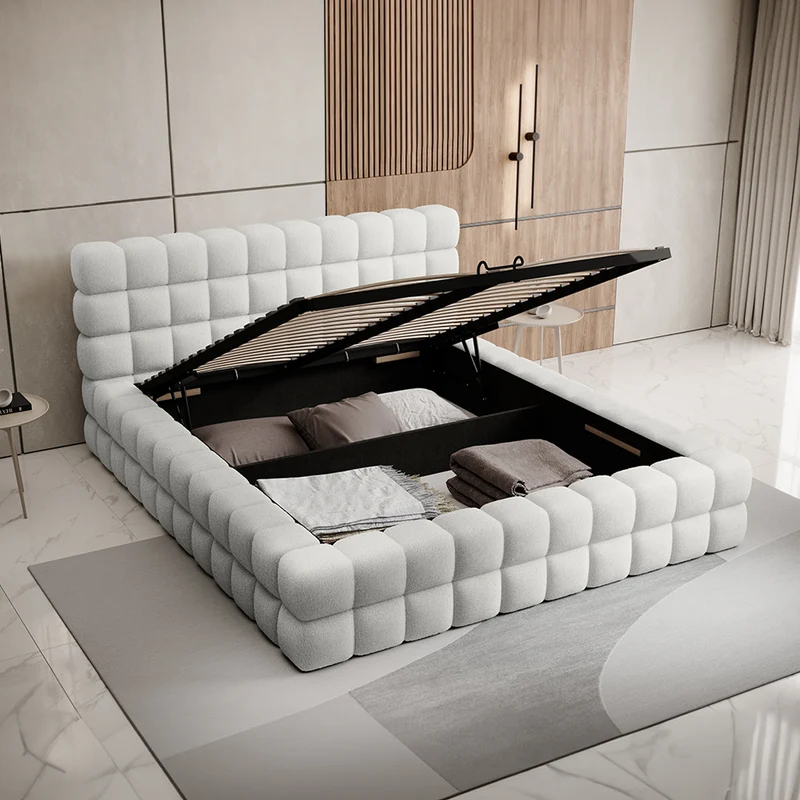 Lit coffre 160x200 sommier inclus Cloud tissu bouclette Blanc