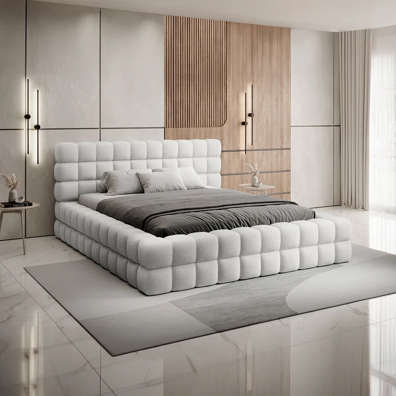 Lit coffre 180x200 sommier inclus Cloud tissu bouclette Blanc