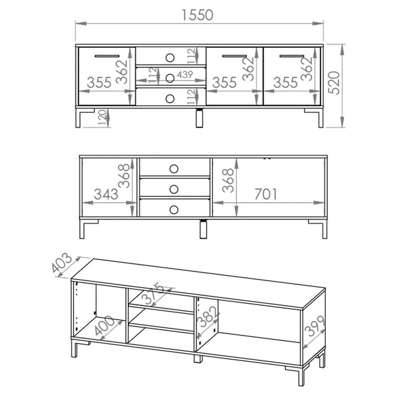 Meuble TV 3 portes 155 cm Liora Bois
