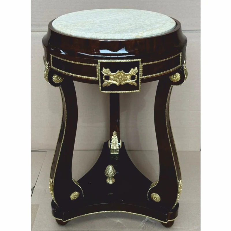 Casa Padrino Barock Beistelltisch mit Marmorplatte Dunkelbraun / Gold / Grau H. 73 cm