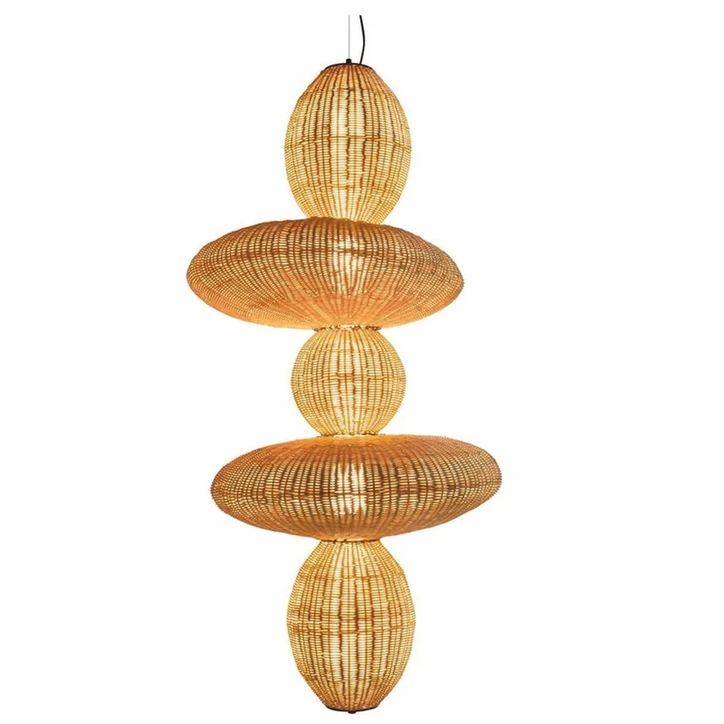 Casa Padrino Luxus Rattan LED Hängeleuchte Naturfarben H. 147 cm - Luxus Pendelleuchten