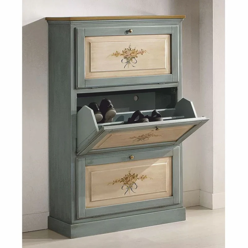 Casa Padrino Luxus Barock Schuhschrank Blau / Naturfarben / Braun H. 130 cm - Made in Italy