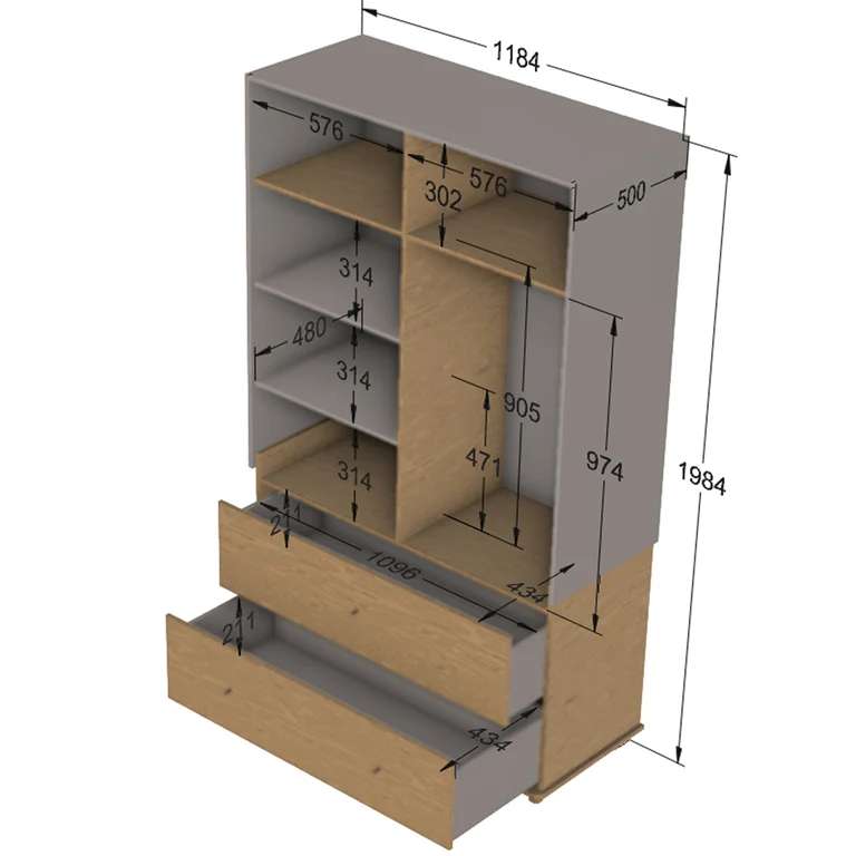 Armoire 2 portes 2 tiroirs Wood Luck Bloom - Cachemire et Bois