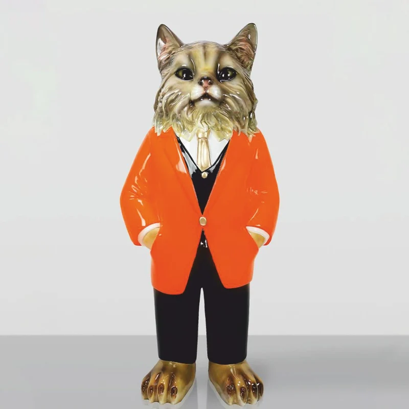 Casa Padrino XXL Deko Skulptur Katze mit Anzug Braun / Orange / Schwarz / Weiß / Gold H. 172 cm