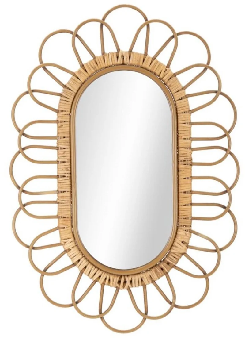 Casa Padrino Luxus Spiegel Naturfarben H. 80 cm - Wandspiegel mit Rattangeflecht