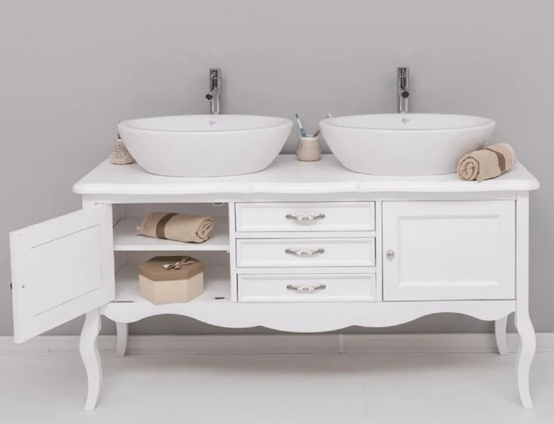 Casa Padrino Landhausstil Massivholz Doppel Waschtisch Weiß 150 cm - Landhausstil Badezimmer Möbel