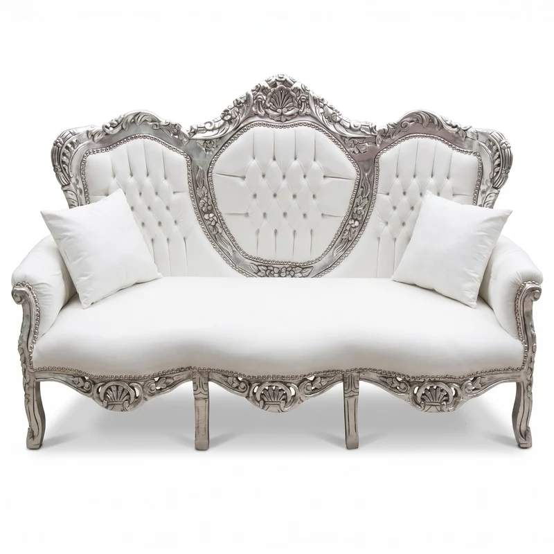 Casa Padrino Barock Kunstleder Sofa Weiß / Silber 180 cm - Barock Wohnzimmer Möbel