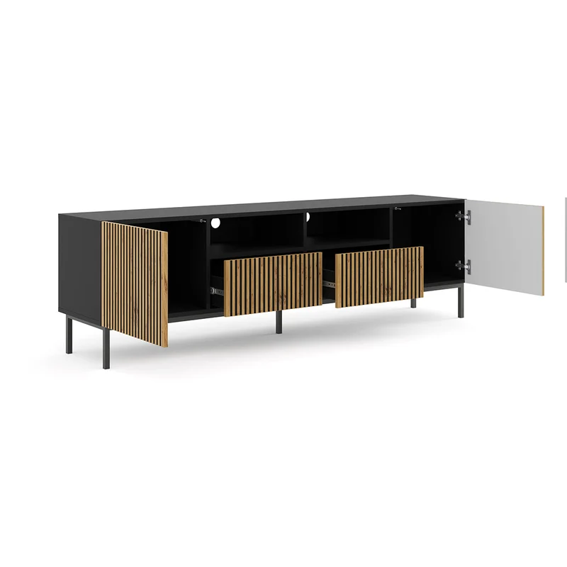 Meuble TV 2 portes 2 tiroirs 200 cm Philaé Bois et Noir