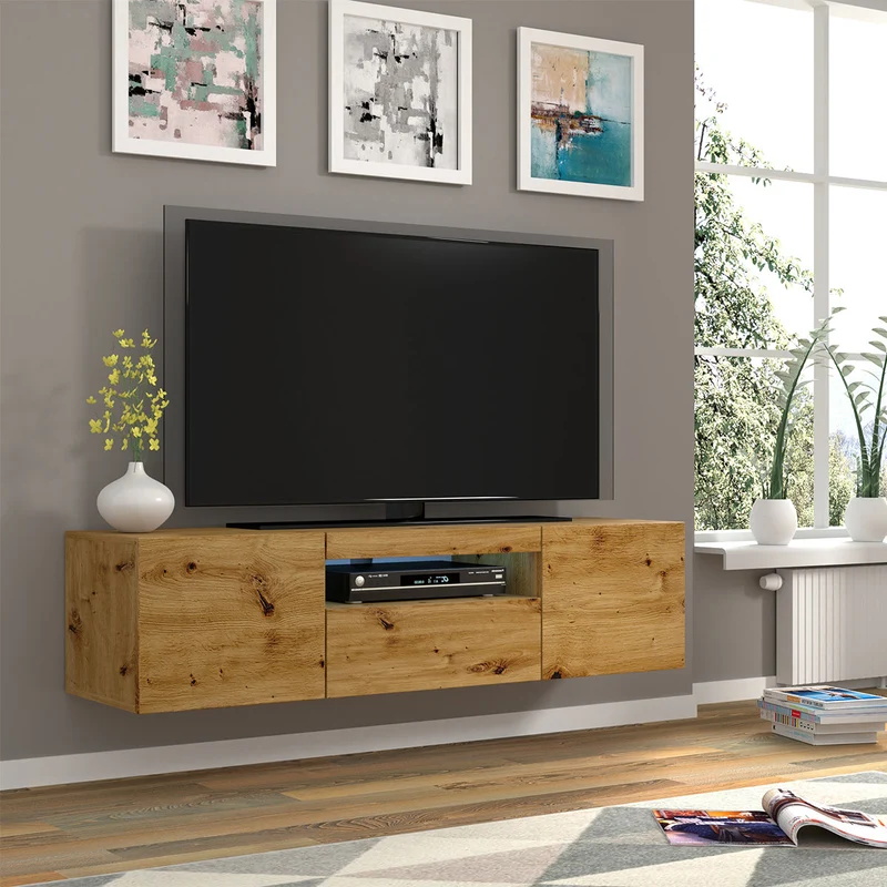 Meuble TV mural 3 portes 150 cm LED Aurus Bois