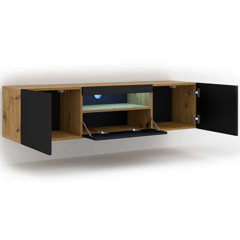 Meuble TV mural 3 portes 150 cm LED Aurus Noir et Bois