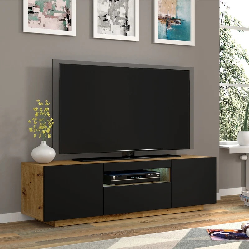 Meuble TV mural 3 portes 150 cm LED Aurus Noir et Bois