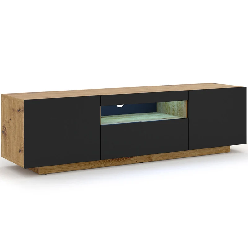 Meuble TV mural 3 portes 150 cm LED Aurus Noir et Bois