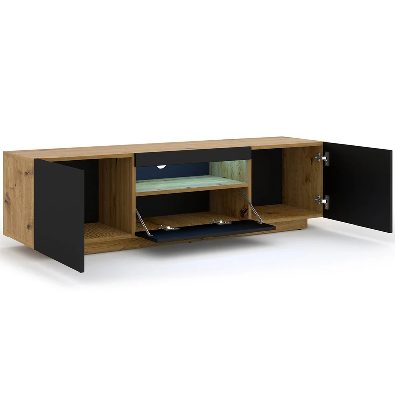 Meuble TV mural 3 portes 150 cm LED Aurus Noir et Bois