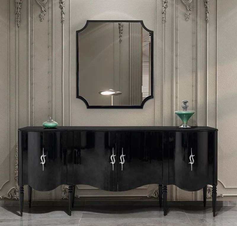 Casa Padrino Luxus Barock Sideboard mit Wandspiegel Schwarz / Silber - Barock Möbel