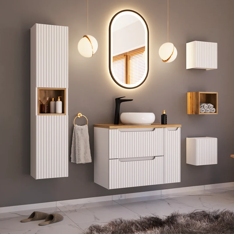 Colonne murale 2 portes 1 niche Riva Blanc et Bois