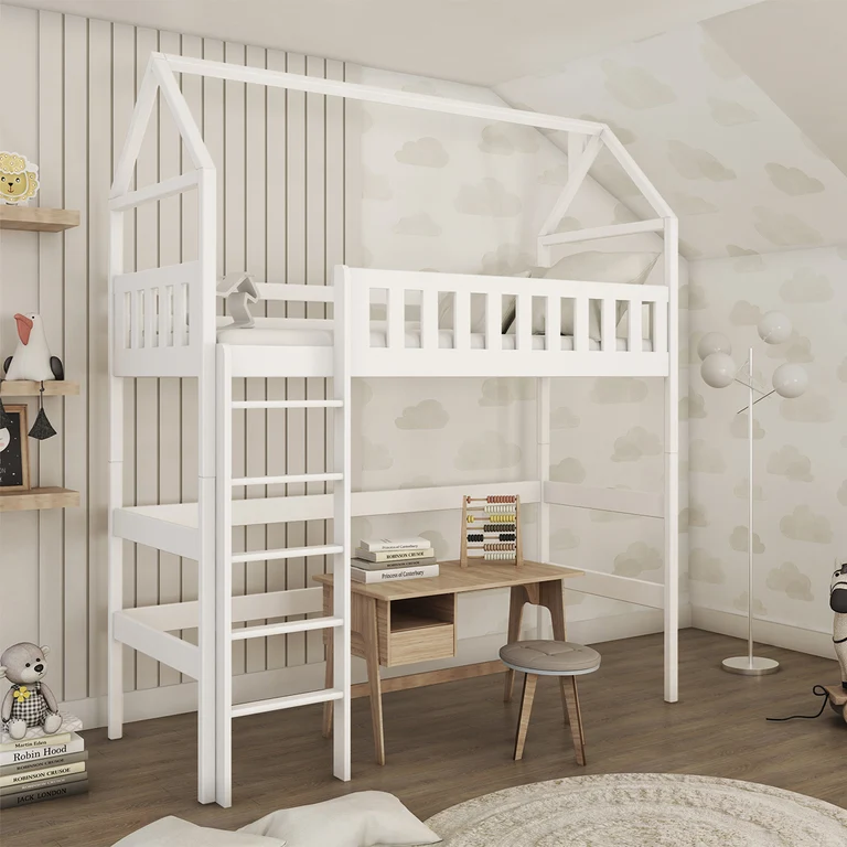 Lit cabane mi-hauteur 90x200 sommier inclus Maël Blanc