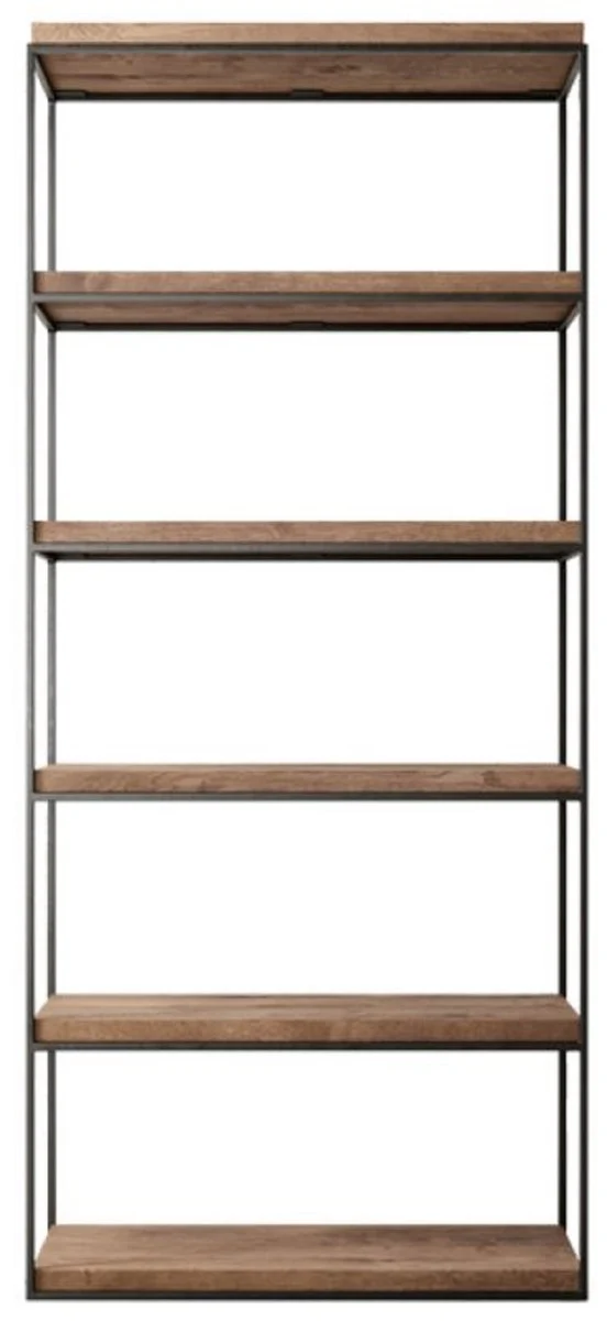 Casa Padrino Luxus Metall Regalschrank mit rustikalen Eichenholzregalen Schwarz / Braun H. 230 cm
