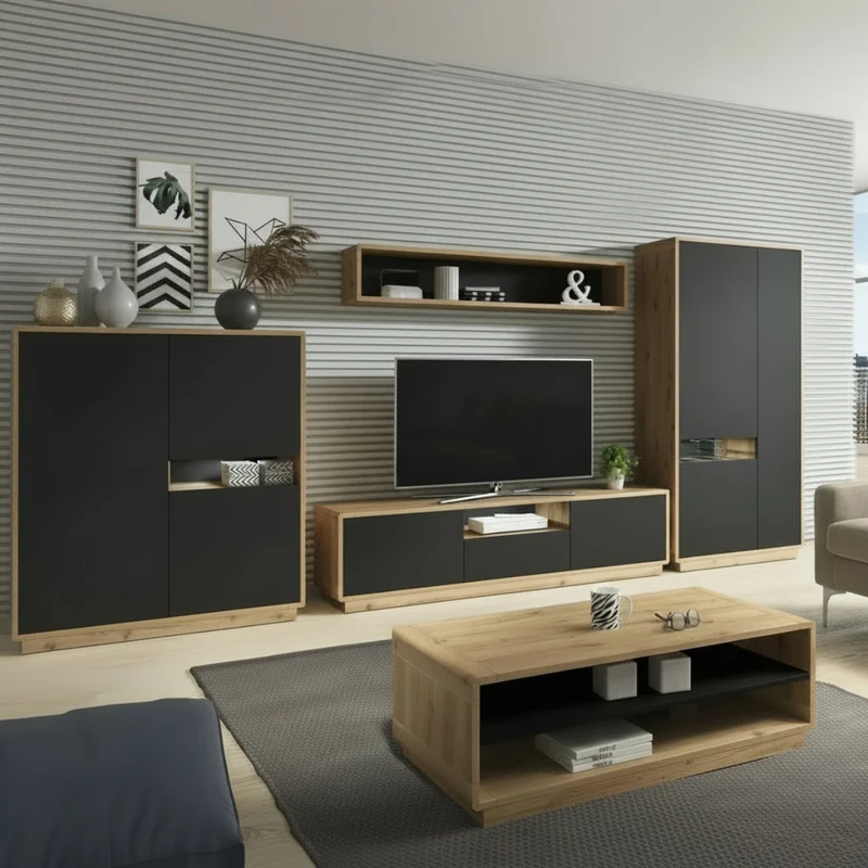 Meuble TV 2 portes 1 tiroir 200 cm Raven Noir et Bois