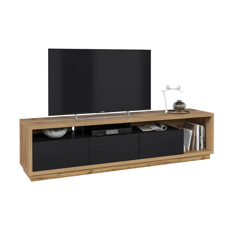 Meuble TV 3 tiroirs 200 cm Asten Noir et Bois
