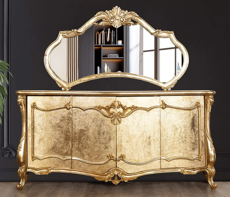 Casa Padrino Luxus Barock Sideboard mit Spiegel Gold - Esszimmer Möbel im Barockstil
