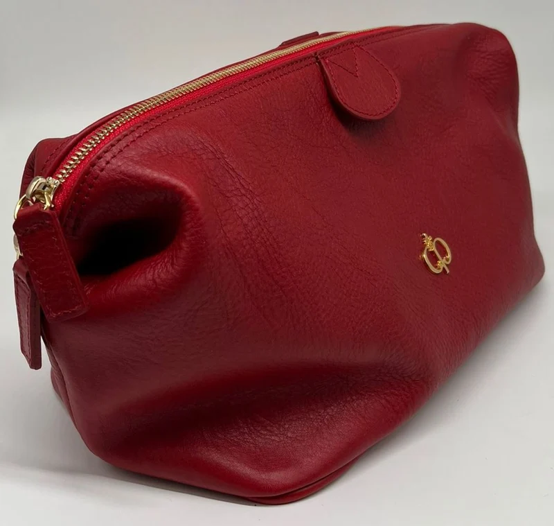 Casa Padrino Luxus Echtleder Kosmetiktasche Rot / Gold 28 cm - Made in Italy