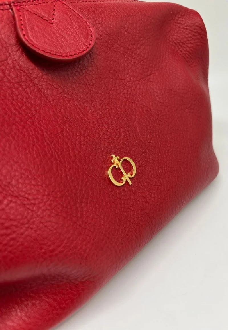 Casa Padrino Luxus Echtleder Kosmetiktasche Rot / Gold 28 cm - Made in Italy