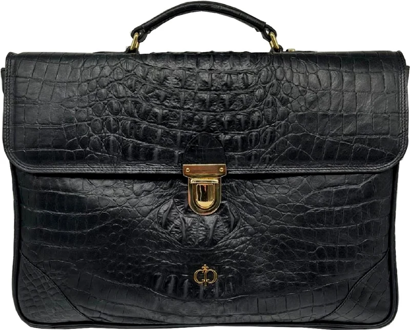 Casa Padrino Luxus Echtleder Herren Aktentasche in Kroko Optik Schwarz / Gold 42 cm - Made in Italy