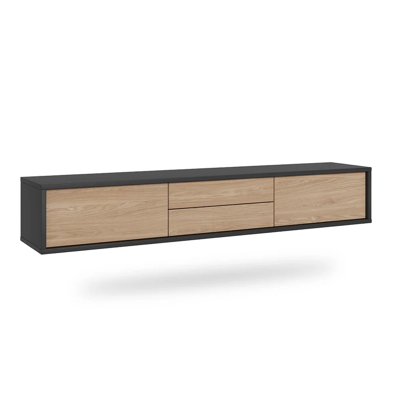 Meuble TV mural 2 portes 2 tiroirs 180 cm Idra Gris et Bois
