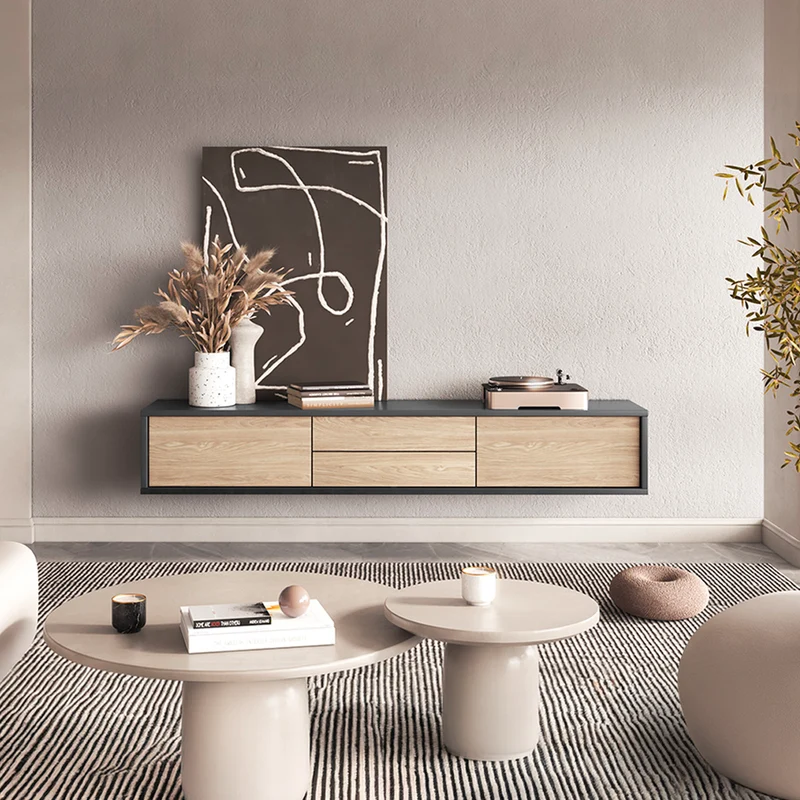 Meuble TV mural 2 portes 2 tiroirs 180 cm Idra Gris et Bois