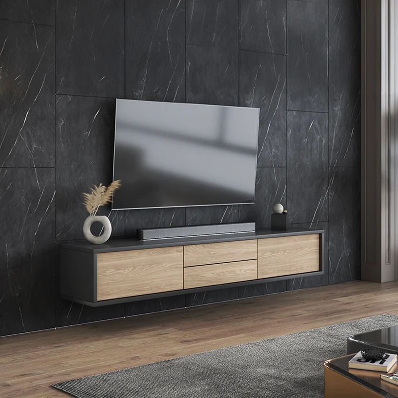 Meuble TV mural 2 portes 2 tiroirs 180 cm Idra Gris et Bois