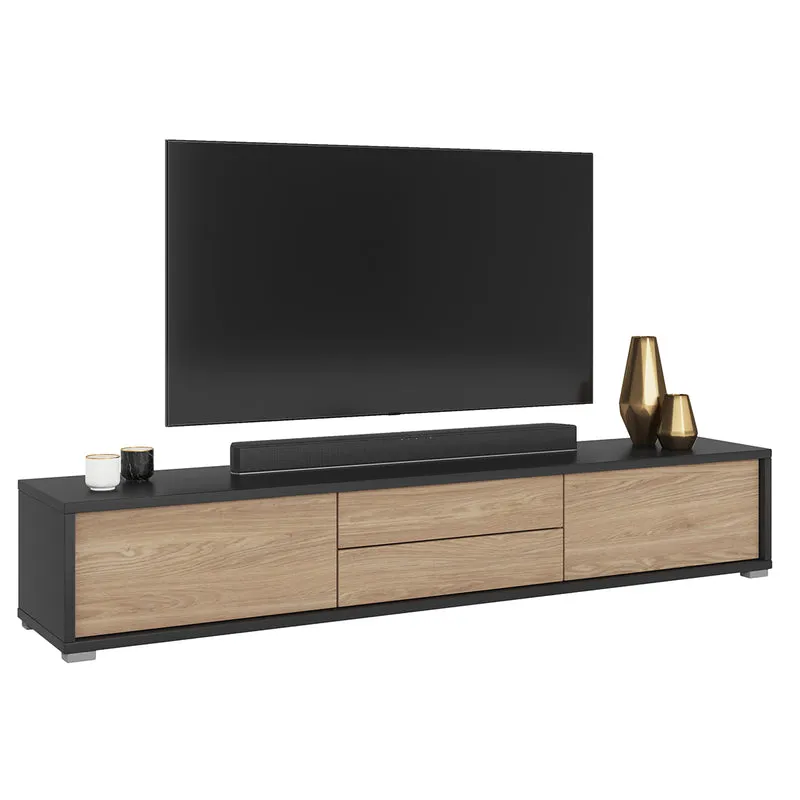 Meuble TV mural 2 portes 2 tiroirs 180 cm Idra Gris et Bois