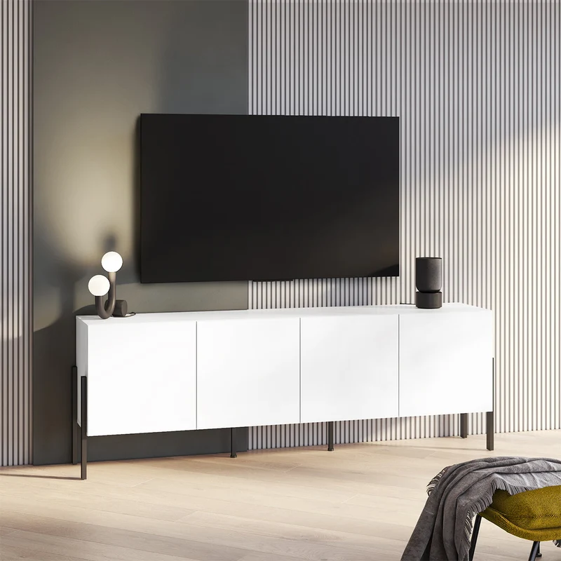 Meuble TV 4 portes 200 cm Bérénice Blanc