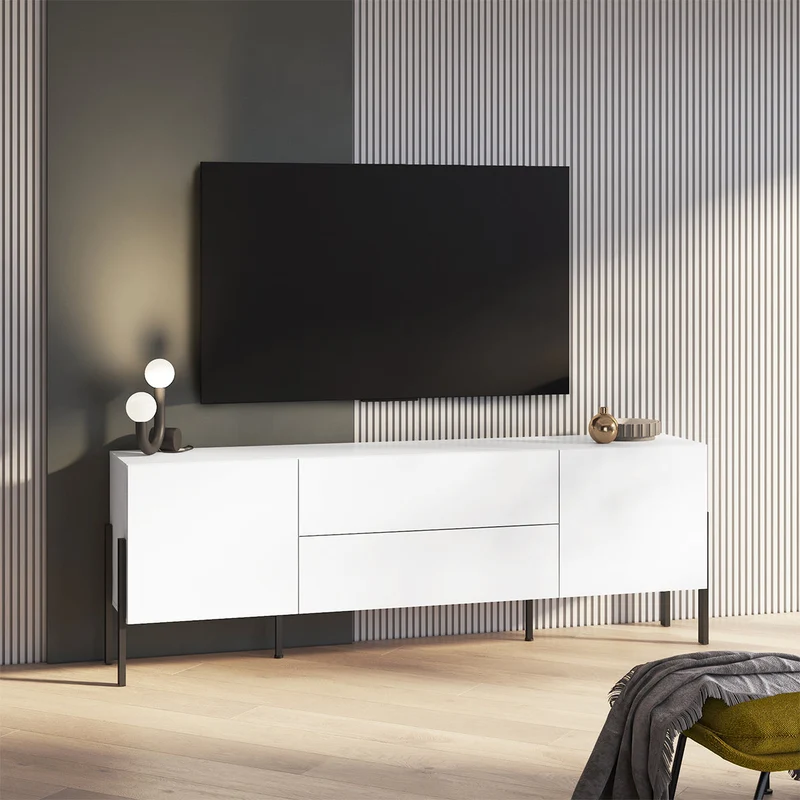Meuble TV 2 portes 2 tiroirs 200 cm Bérénice Blanc