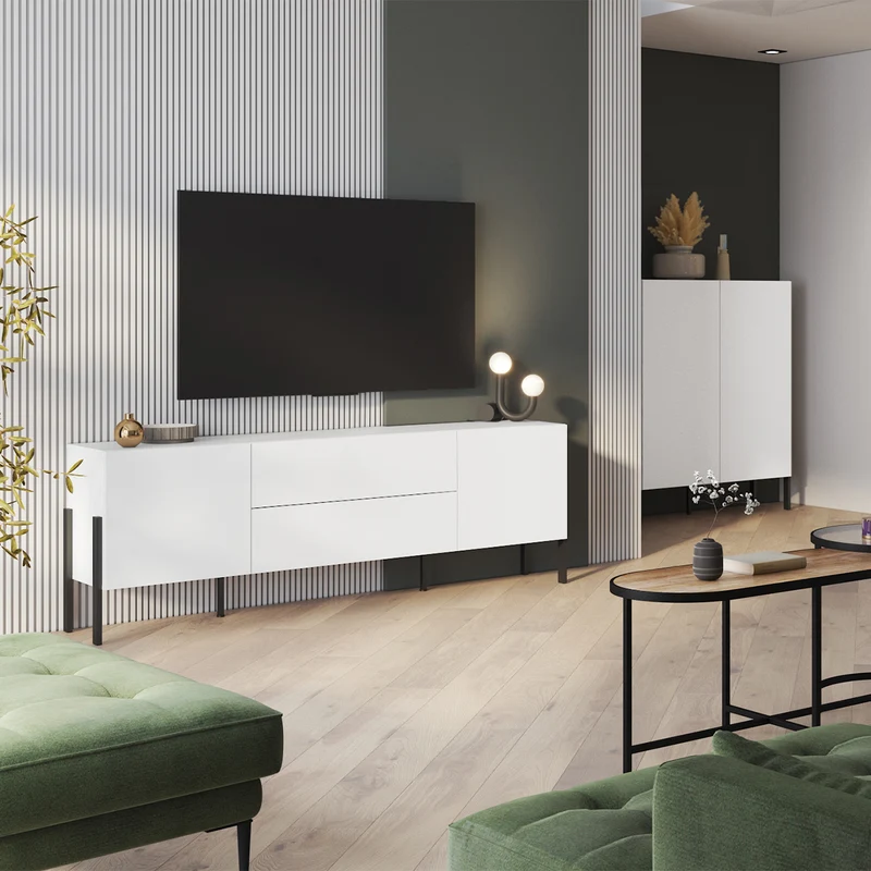 Meuble TV 2 portes 2 tiroirs 200 cm Bérénice Blanc