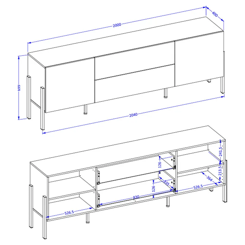 Meuble TV 2 portes 2 tiroirs 200 cm Bérénice Blanc