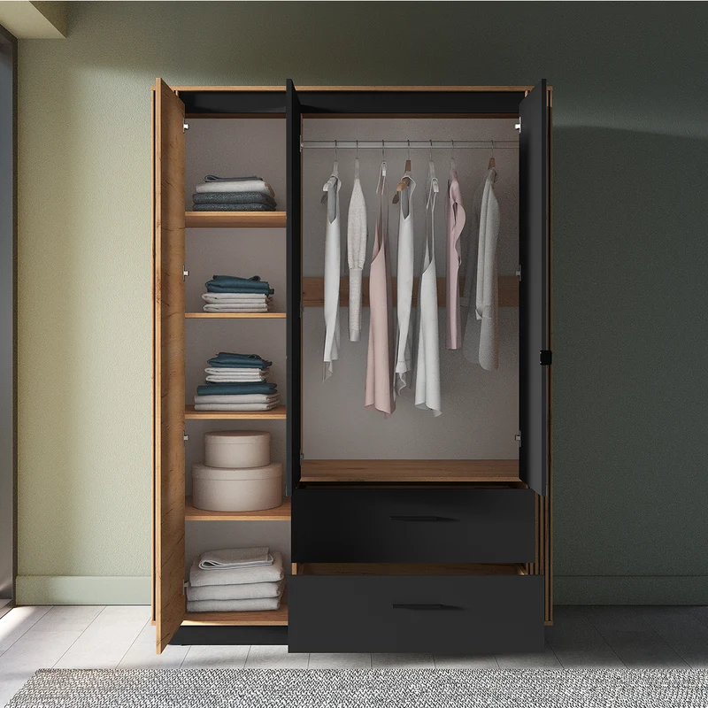 Armoire 3 portes 2 tiroirs Solal Bois et Noir
