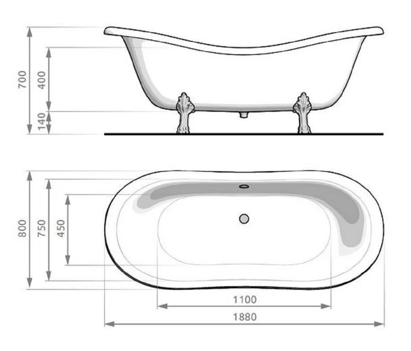 Casa Padrino Jugendstil Badewanne Grau / Weiß / Silber 188 cm - Freistehende Retro Stil Badewanne