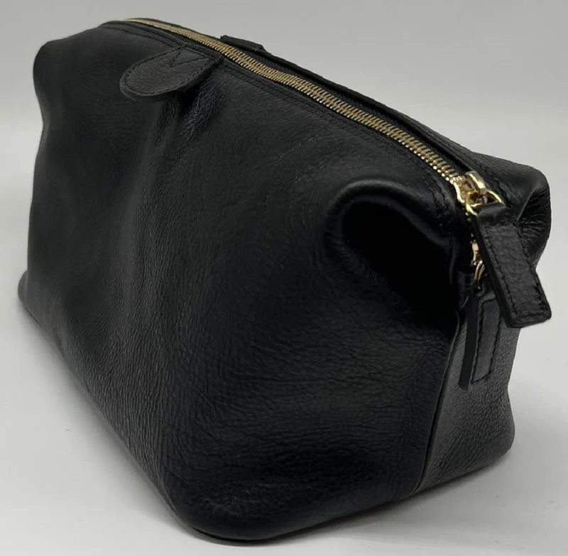 Casa Padrino Luxus Echtleder Kosmetiktasche Schwarz / Gold 28 cm - Made in Italy