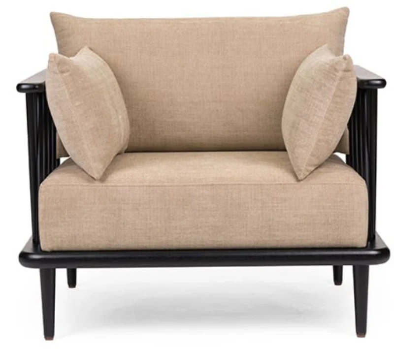 Casa Padrino Luxus Sessel Beige / Schwarz H. 77,5 cm - Luxus Wohnzimmer Möbel