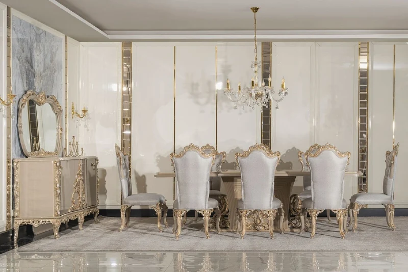 Casa Padrino Luxus Barock Esszimmer Set Silber / Grau / Gold - 1 Barock Esstisch & 8 Barock Esszimmerstühle