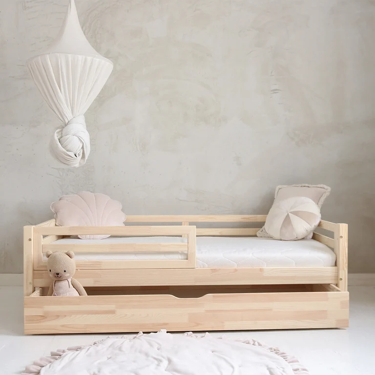 Lit 90x190 barrière sommier et tiroir inclus Myléna Bois