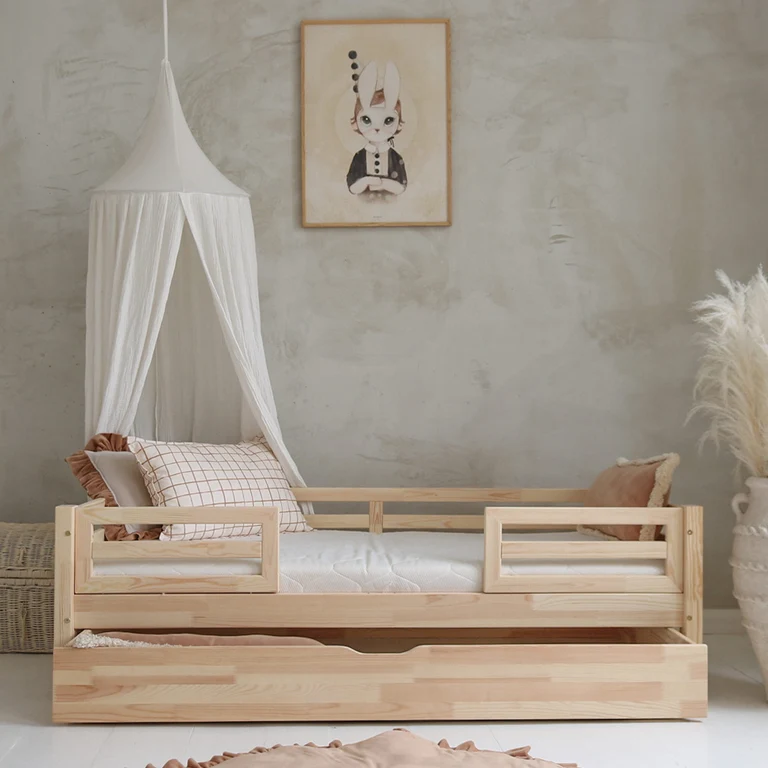 Lit 90x190 barrières sommier et tiroir inclus Myléna Bois