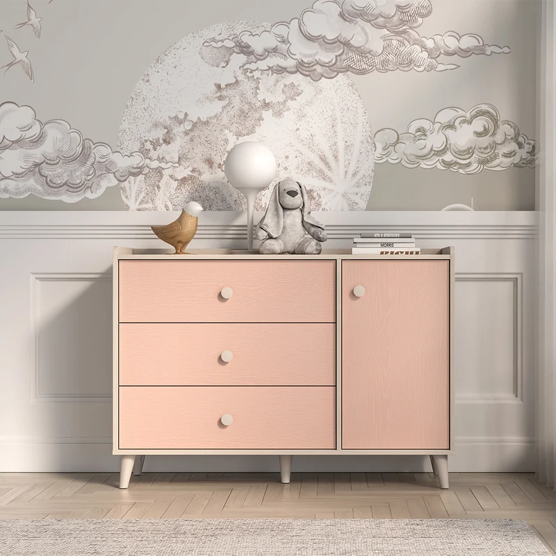 Commode 1 porte 3 tiroirs Alycia Beige et Rose