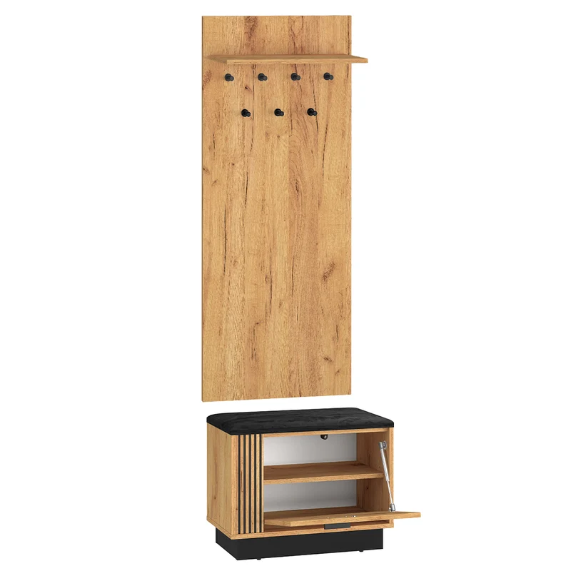 Meuble entrée porte-manteau étagère et banc à chaussures 1 porte Nilo Bois