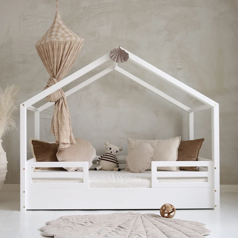 Lit cabane 90x200 barrières et sommier inclus pieds 1 cm Lucile Blanc