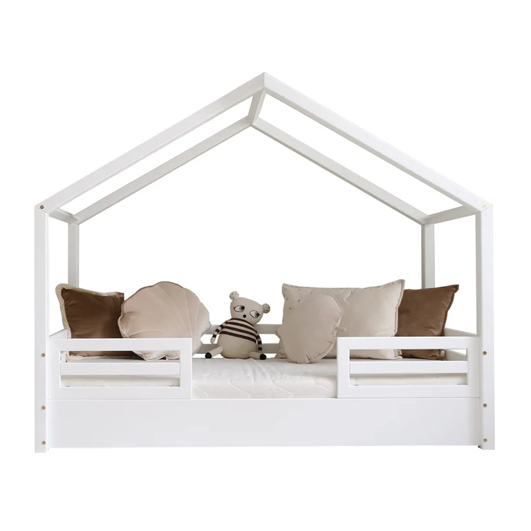 Lit cabane 90x200 barrières et sommier inclus pieds 1 cm Lucile Blanc