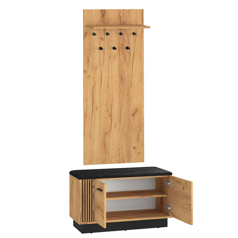 Meuble entrée porte-manteau étagère et banc à chaussures 2 portes Nilo Bois