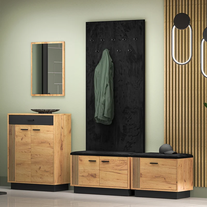 Meuble entrée porte-manteau et banc à chaussures 2 portes Nilo Bois