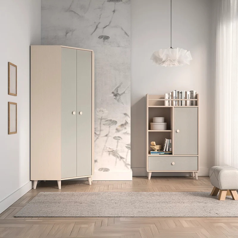 Armoire d'angle 2 portes Alycia Beige et Gris