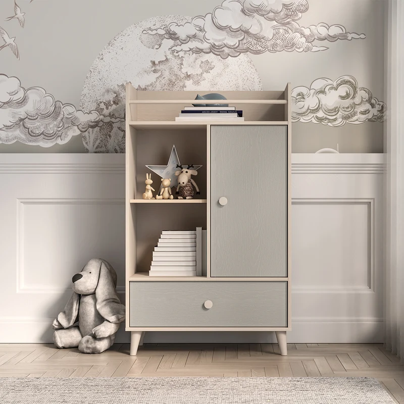 Bibliothèque 1 porte 1 tiroir Alycia Beige et Gris